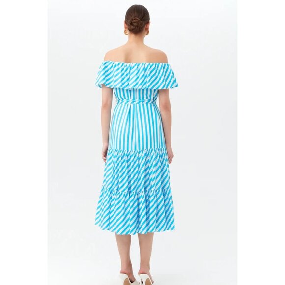Trina Turk NWT‎ Salima 2 Midi Off-The-Shoulder Dress in Blue Stripe Size Large - Picture 3 of 12